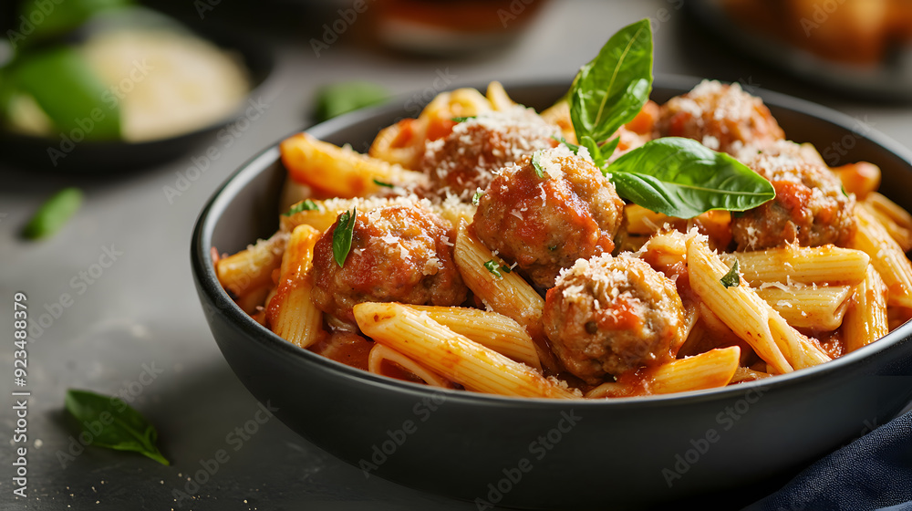 Penne pasta with meatballs commercial advertising photo
