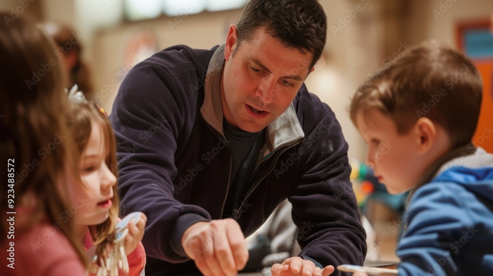 A father teaches his children a hands-on activity in a lively community center A father teaches his children a hands-on activity in a lively community center