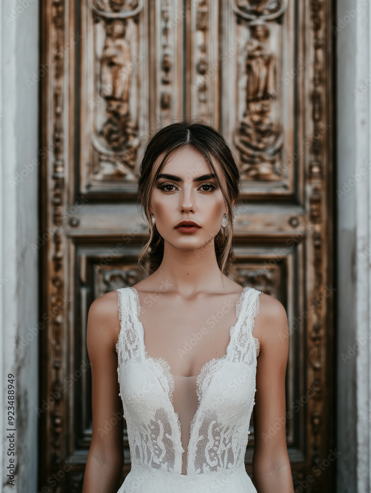 Naklejka premium beautiful bride in a white wedding dress in front of a vintage church door. generative ai