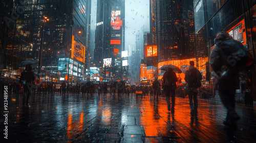In a cyberpunk metropolis on a rainy night, orange neon is reflected in puddles on the pavement, passers-by in dark clothes pass by shining holograms and tall skyscrapers.