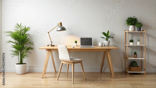 Minimalist desk with a few essential items, empty space, and a calm atmosphere, conveying the concept of simplicity, reduction, and a decluttered life. photo