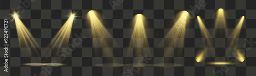 Light sources, concert lighting, spotlights. Concert spotlight with ray illuminated spotlights for web design illustration.	