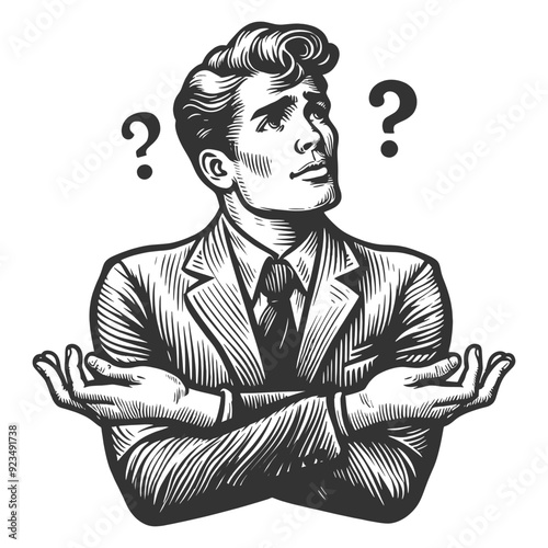 man deep in thought, symbolizing confusion or contemplation dilemma sketch engraving generative ai fictional character vector illustration. Scratch board imitation. Black and white image.
