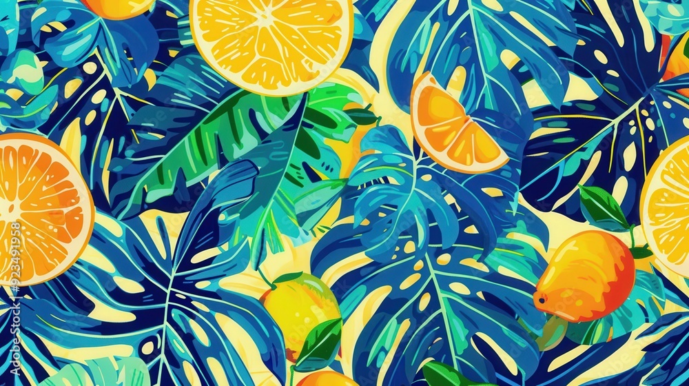 Create a bold tropical pattern with vibrant, oversized palm leaves and bright, tropical fruits. Create a bold tropical pattern with vibrant, oversized palm leaves and bright, tropical fruits.