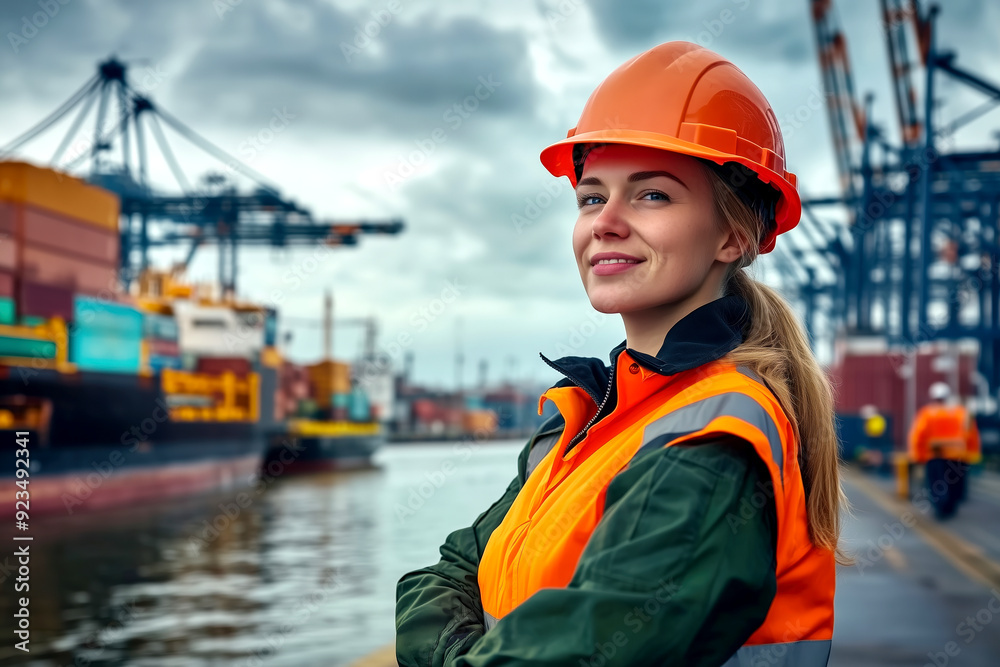Female worker with hard hat at a shipping port. Female worker with hard hat at a shipping port.