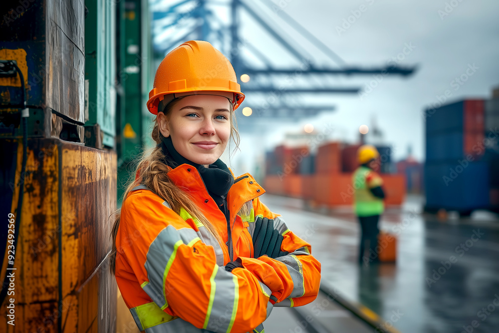 Female worker with hard hat at a shipping port. Female worker with hard hat at a shipping port.