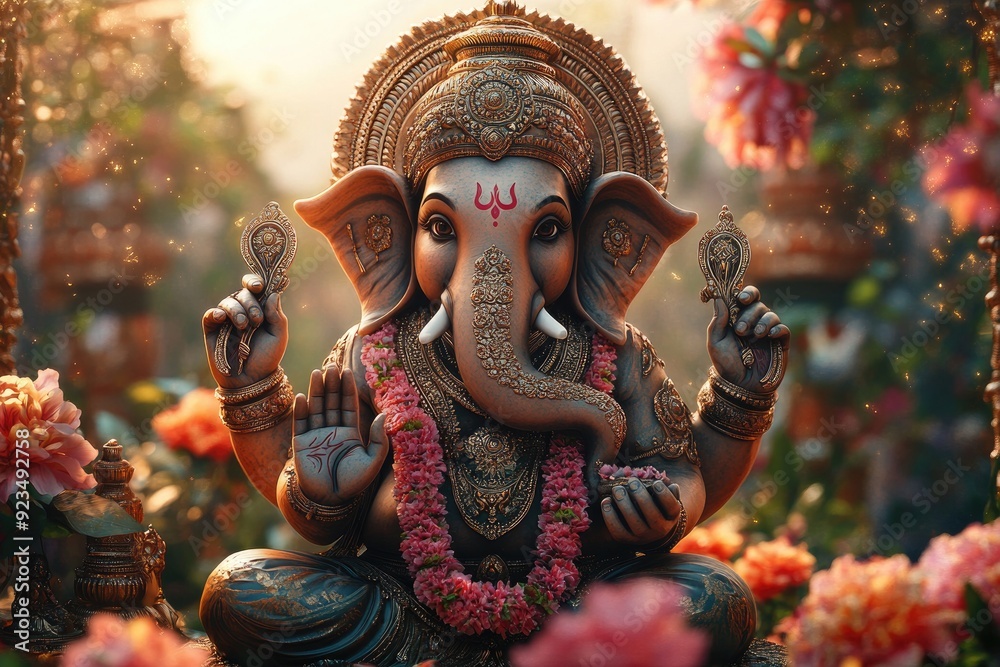 Fototapeta premium Golden ganesha statue sitting in a garden with pink flowers