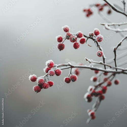 Frost-covered red berries on a branch close-up of winter detail icy nature photo