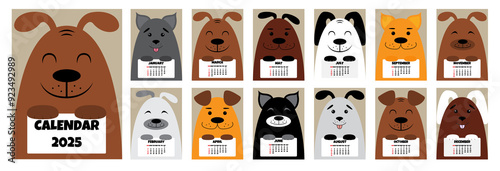 2025 calendar with cute doodle dogs. 2025 calendar A4 week start Sunday. Doodle dogs. Vector illustration