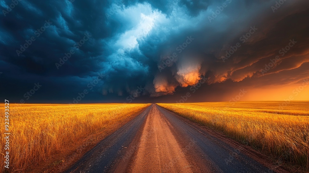 Naklejka premium Country road leading into storm clouds over golden wheat field
