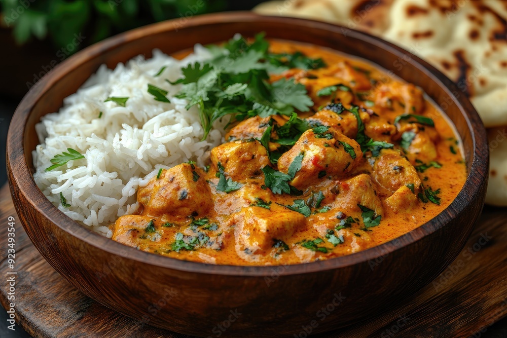 Delicious chicken tikka masala with rice and naan bread on dark background Delicious chicken tikka masala with rice and naan bread on dark background