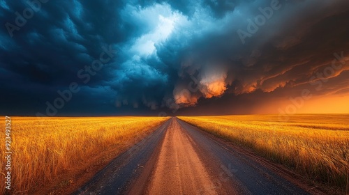 Country road leading into storm clouds over golden wheat field