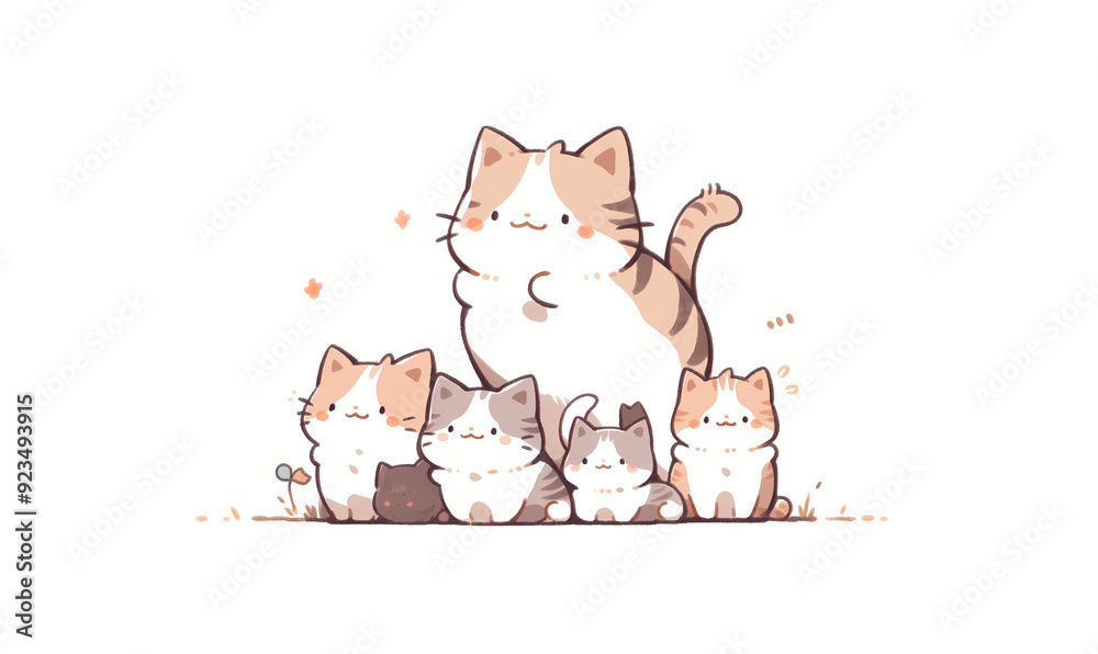 Obraz premium Stack of cute kittens form pyramid on white background. Minimalistic and kawaii illustration style. Family and friendship concept. For print, sticker, card, poster, book, cover.