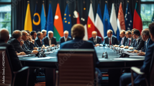 International summit with world leaders discussing global issues around a large conference table. photo