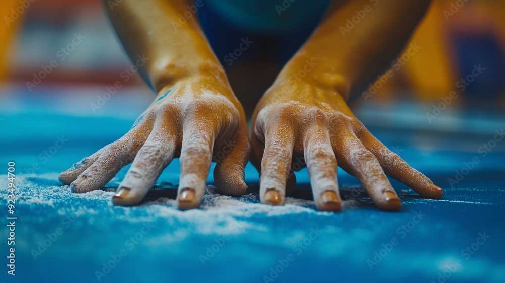 A gymnast’s hands chalking up show the precision and preparation vital for excellence in the sport. A gymnast’s hands chalking up show the precision and preparation vital for excellence in the sport.