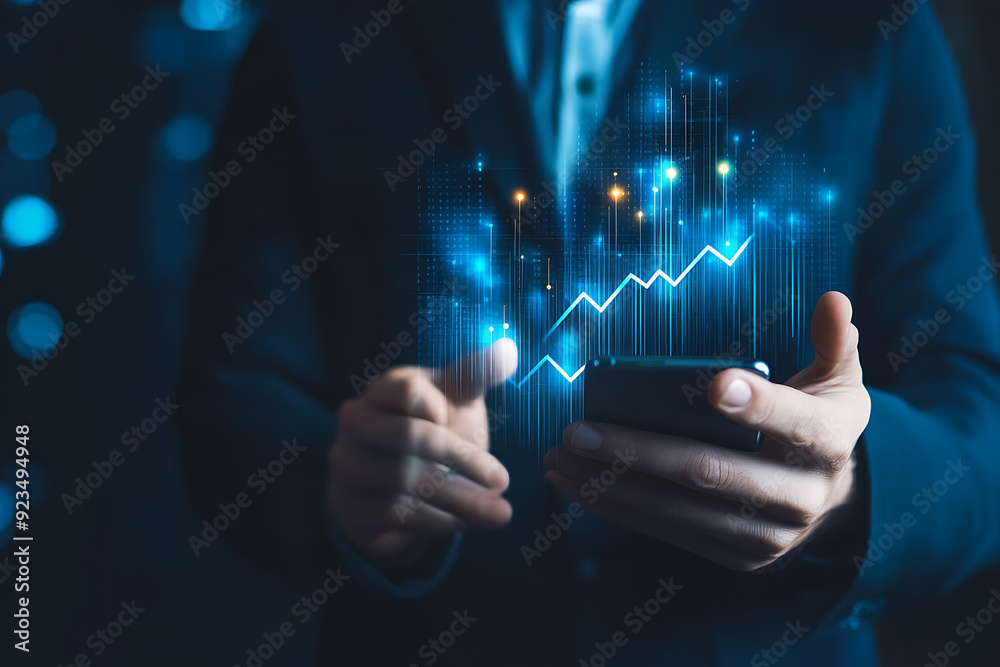 Abstract digital background featuring a businessman holding a telephone in one hand, with a smartphone screen displaying various-sized growing arrows Abstract digital background featuring a businessman holding a telephone in one hand, with a smartphone screen displaying various-sized growing arrows
