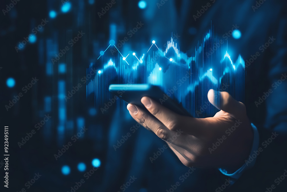 Abstract digital background featuring a businessman holding a telephone in one hand, with a smartphone screen displaying various-sized growing arrows Abstract digital background featuring a businessman holding a telephone in one hand, with a smartphone screen displaying various-sized growing arrows