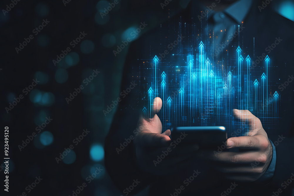 Abstract digital background featuring a businessman holding a telephone in one hand, with a smartphone screen displaying various-sized growing arrows Abstract digital background featuring a businessman holding a telephone in one hand, with a smartphone screen displaying various-sized growing arrows
