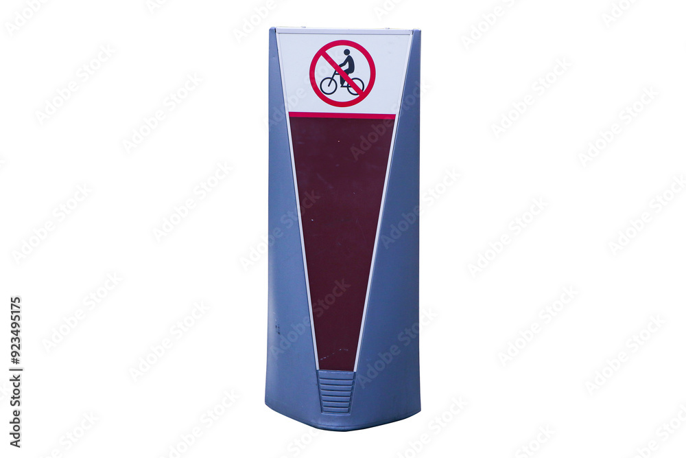 Obraz premium Stop sign or symbol Bicycle prohibition sign red white on gray plastic rod isolated on cut out PNG or transparent background. Traffic signs or symbol are rules that must be followed.