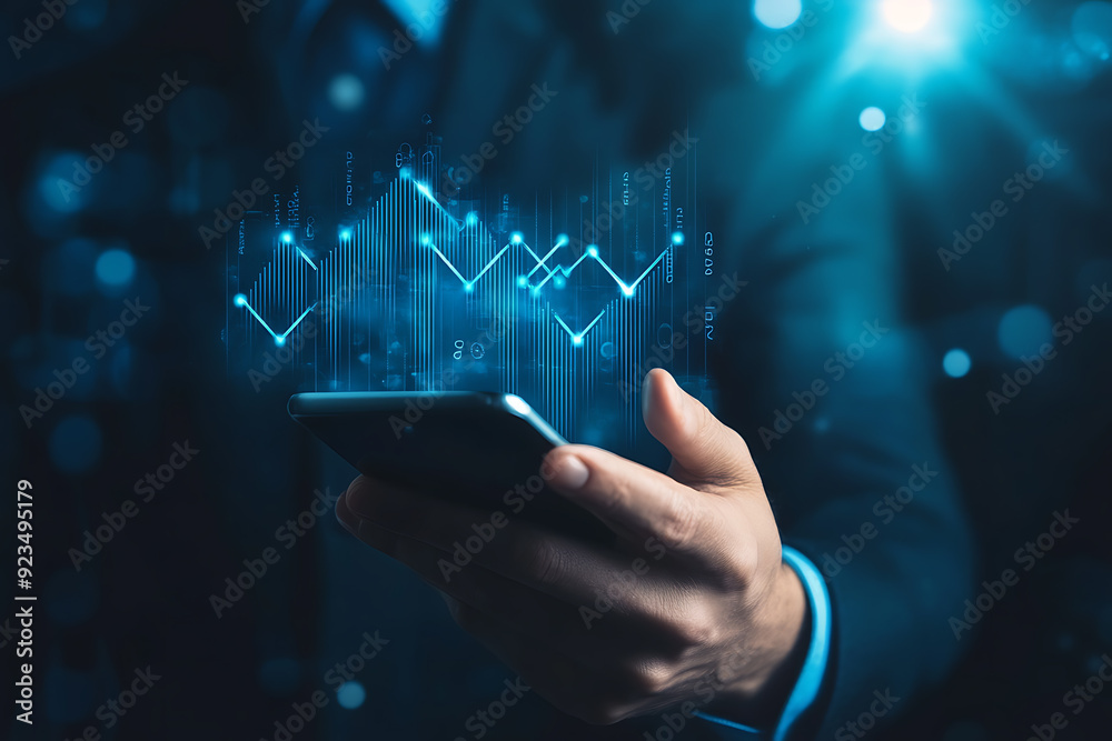 Abstract digital background featuring a businessman holding a telephone in one hand, with a smartphone screen displaying various-sized growing arrows Abstract digital background featuring a businessman holding a telephone in one hand, with a smartphone screen displaying various-sized growing arrows