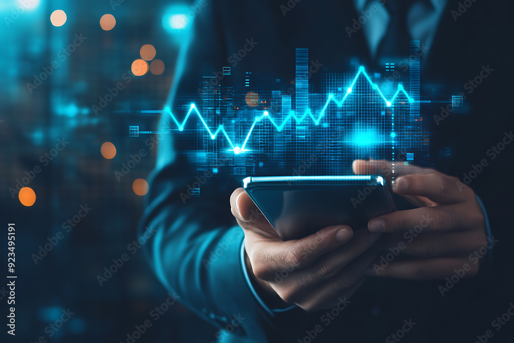 Abstract digital background featuring a businessman holding a telephone in one hand, with a smartphone screen displaying various-sized growing arrows Abstract digital background featuring a businessman holding a telephone in one hand, with a smartphone screen displaying various-sized growing arrows