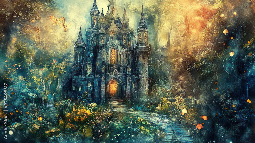 Obraz premium Intricate fairy castle depicted in a unique art style, surrounded by a dreamy fantasy garden with watercolor effects, illuminated by natural light.