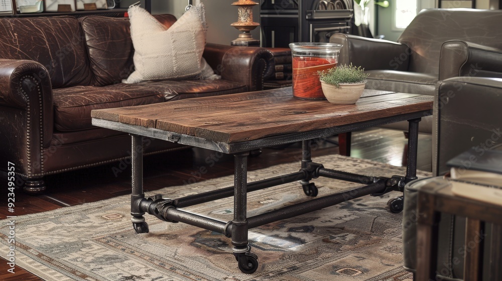 Fototapeta premium Create a coffee table with a reclaimed barn wood top and industrial metal base.