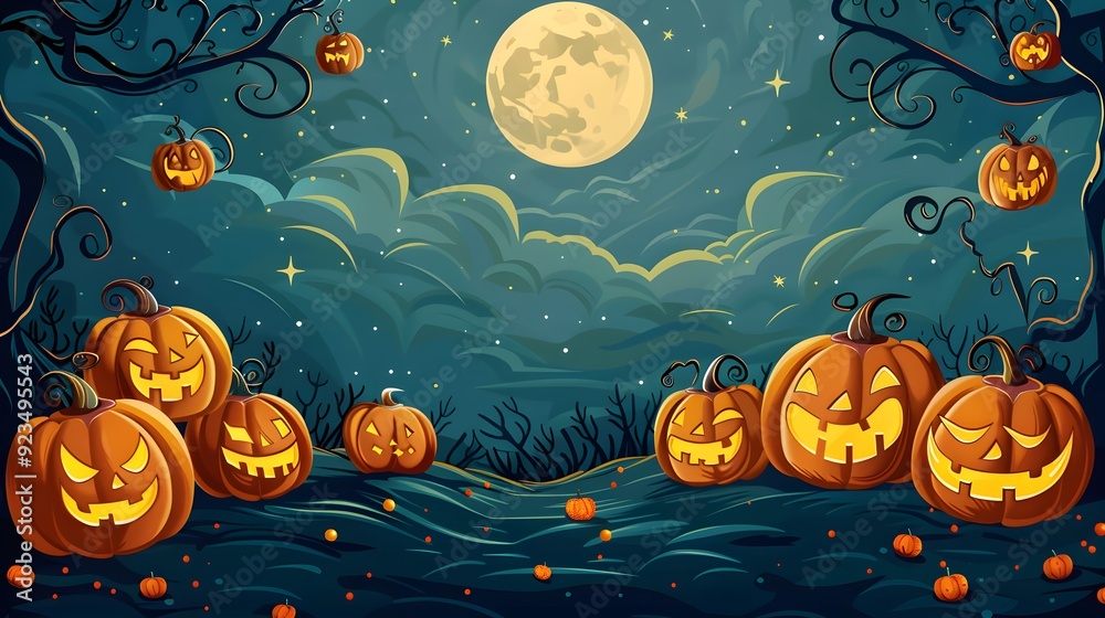 A vector illustration of a pumpkin patch with various carved jack-o'-lanterns and a full moon in the background. The scene includes whimsical, curvy vines and a dark, starry sky, banner copyspace