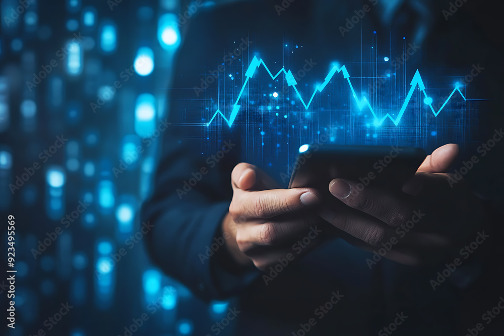 Abstract digital background featuring a businessman holding a telephone in one hand, with a smartphone screen displaying various-sized growing arrows Abstract digital background featuring a businessman holding a telephone in one hand, with a smartphone screen displaying various-sized growing arrows