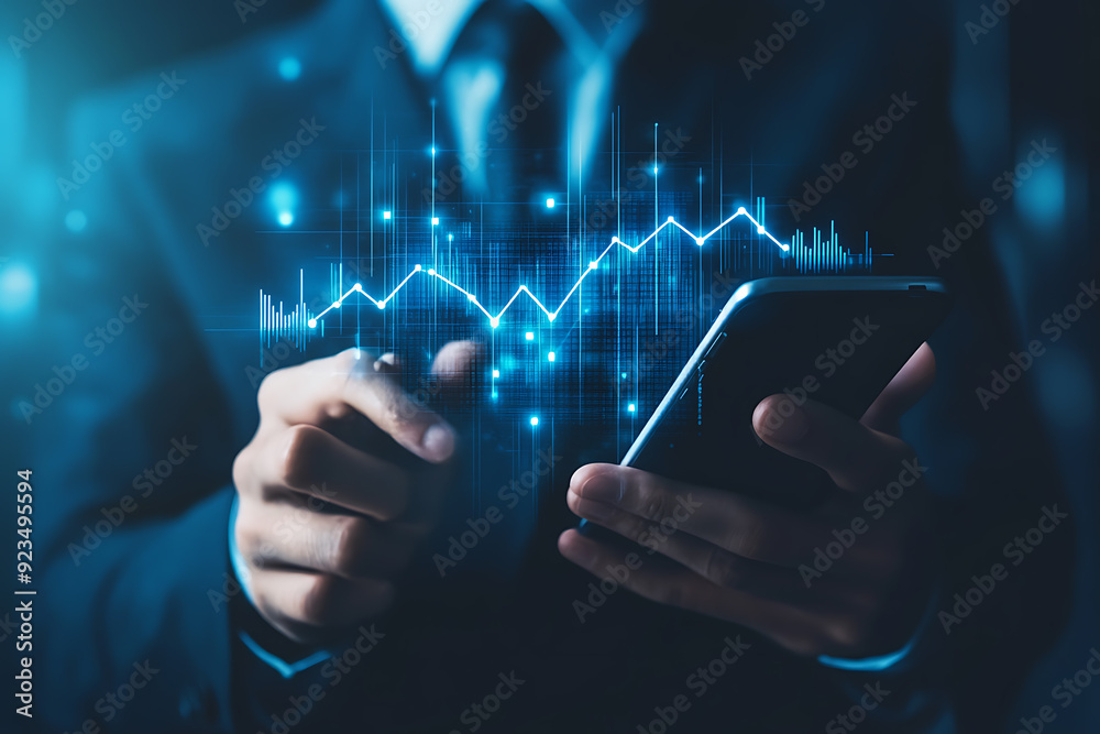 Abstract digital background featuring a businessman holding a telephone in one hand, with a smartphone screen displaying various-sized growing arrows