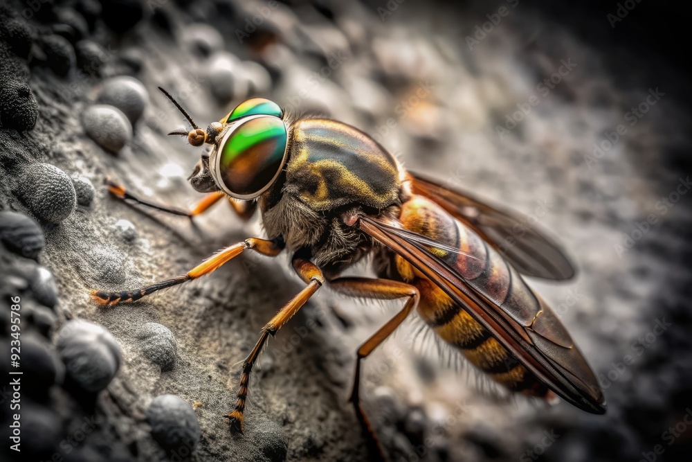 Fototapeta premium ominous high-contrast image of soldier fly on weathered stone wall with monochrome mood