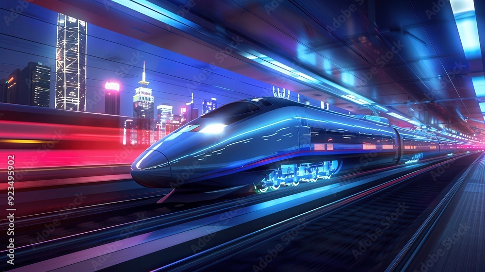 Speed Train. Railway Station with Blurred Night Cityscape Background and Aerodynamic Travel Concept Speed Train. Railway Station with Blurred Night Cityscape Background and Aerodynamic Travel Concept