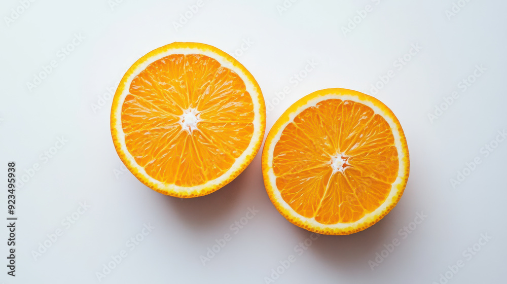 Juicy orange sliced in half, displayed on a white backdrop.