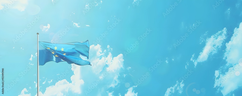 European Union Flag Waving in a Blue Sky with White Clouds European Union Flag Waving in a Blue Sky with White Clouds