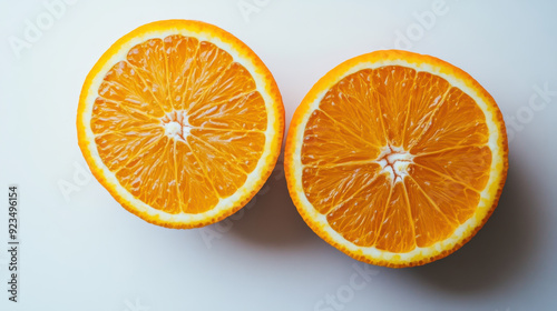 Juicy orange sliced in half, displayed on a white backdrop.