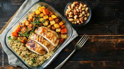 Healthy meal prep container with chicken breast and quinoa