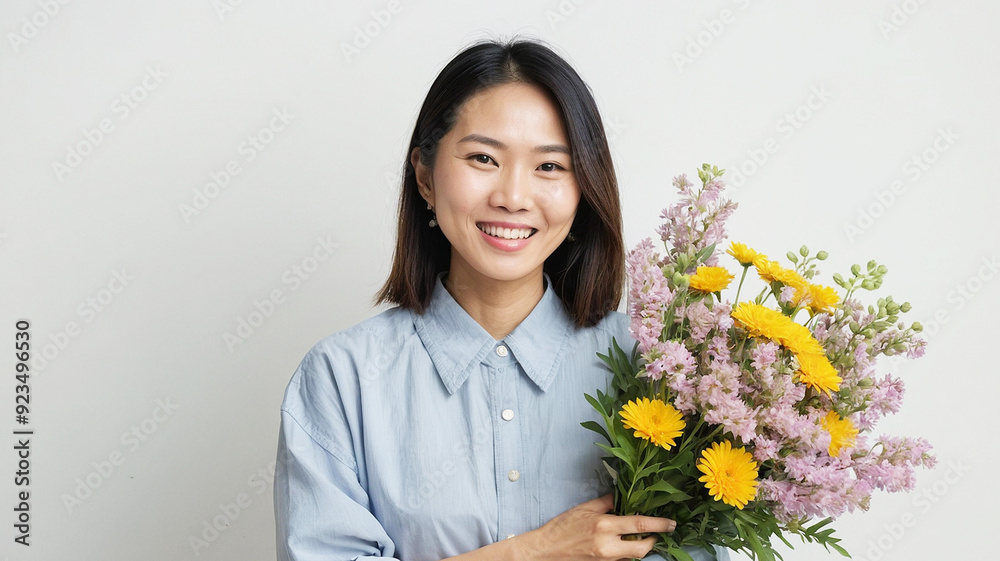 Smiling Asian Woman Holding a Bouquet of Flowers Smiling Asian Woman Holding a Bouquet of Flowers