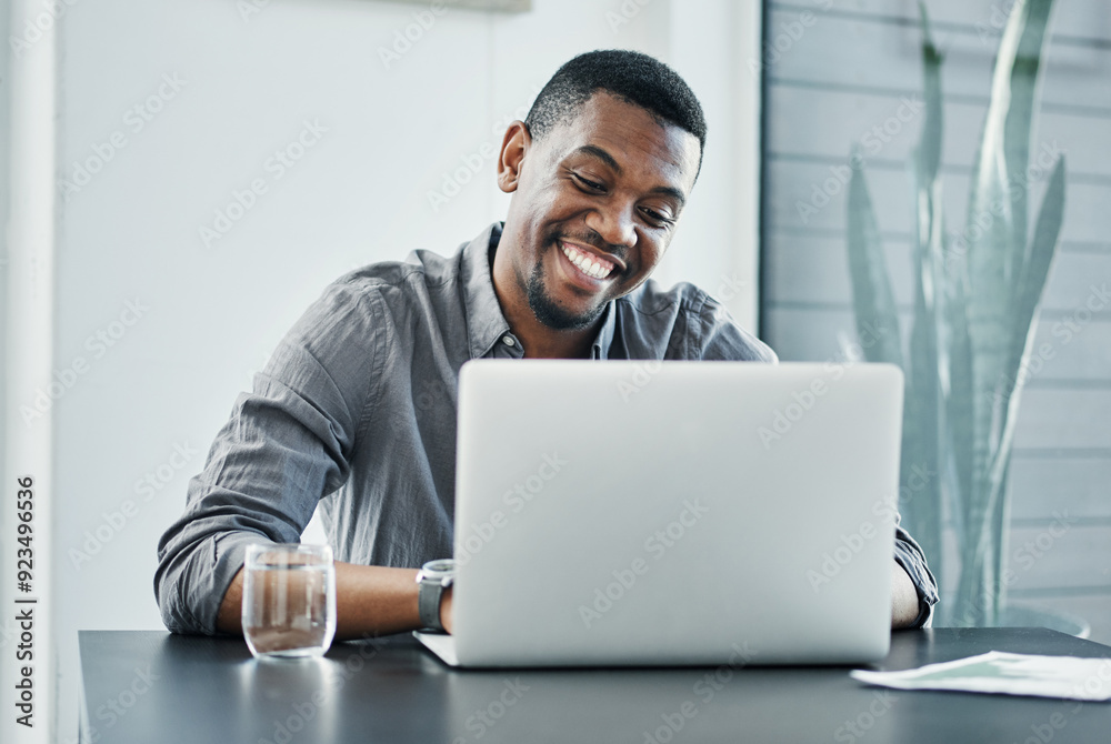 Black man, laptop and happy in office for professional career, good news and business opportunity. Human resources, technology and manager with smile for recruitment, networking or talent acquisition Black man, laptop and happy in office for professional career, good news and business opportunity. Human resources, technology and manager with smile for recruitment, networking or talent acquisition