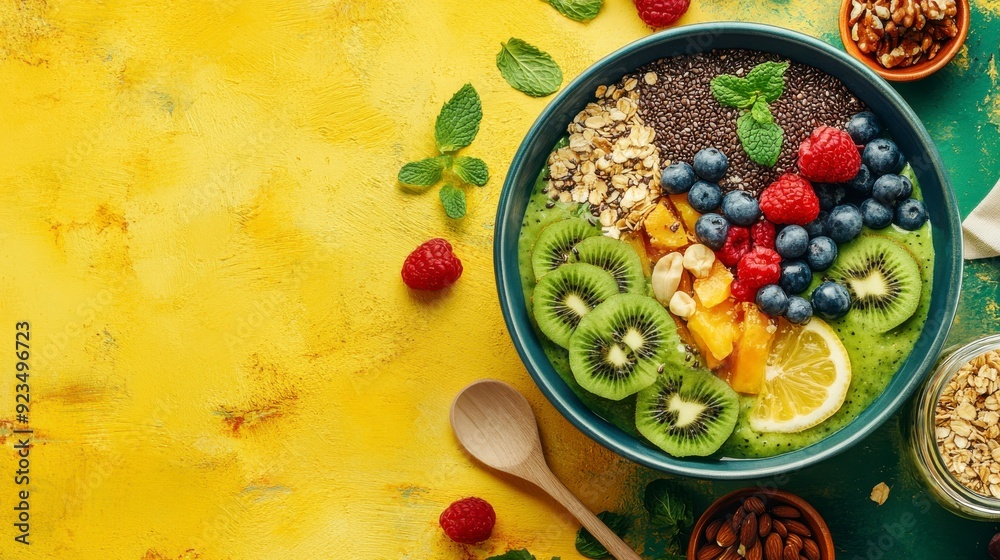 Green smoothie bowl with fresh fruits, berries and seeds for healthy breakfast Green smoothie bowl with fresh fruits, berries and seeds for healthy breakfast