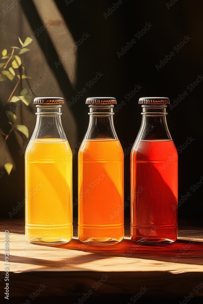Three Bottles of Fresh Juice in Sunlight on Wooden Table with Plant in Background Three Bottles of Fresh Juice in Sunlight on Wooden Table with Plant in Background