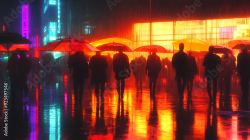 Night cyberpunk metropolis: orange neon lights illuminate rainy streets, passers-by with cyber implants hide their faces under hoods, remaining anonymous in the crowd.