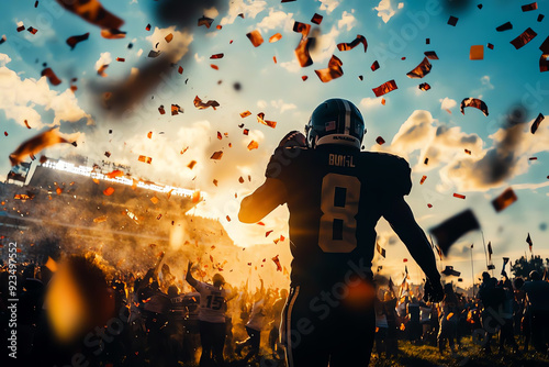 A victorious football player celebrates amidst colorful confetti, capturing the excitement and energy of a championship win. photo