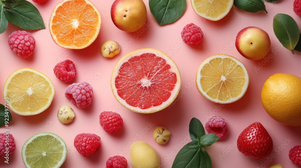Fresh sliced citrus fruits and berries forming a colorful background Fresh sliced citrus fruits and berries forming a colorful background