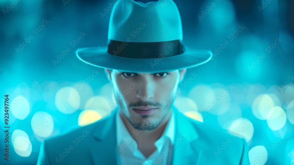 Mysterious man wearing fedora hat in neon light Mysterious man wearing fedora hat in neon light