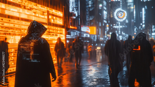The city of the future, where orange neon lights illuminate wet sidewalks. People with cybernetic implants walk through the streets, their faces hidden under dark hoods.