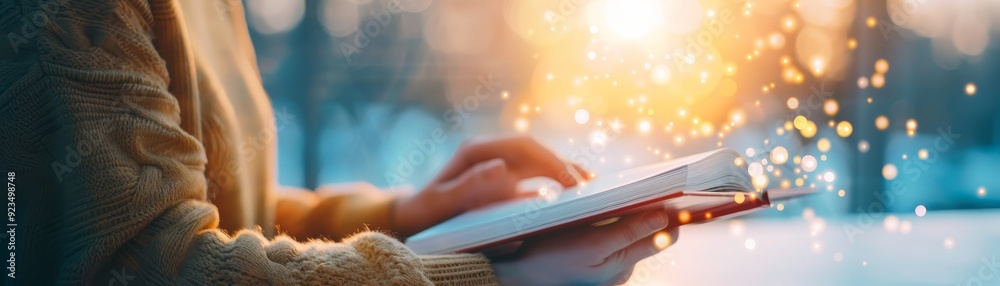 Fototapeta premium Reading in Warm Light with Cozy Sweater