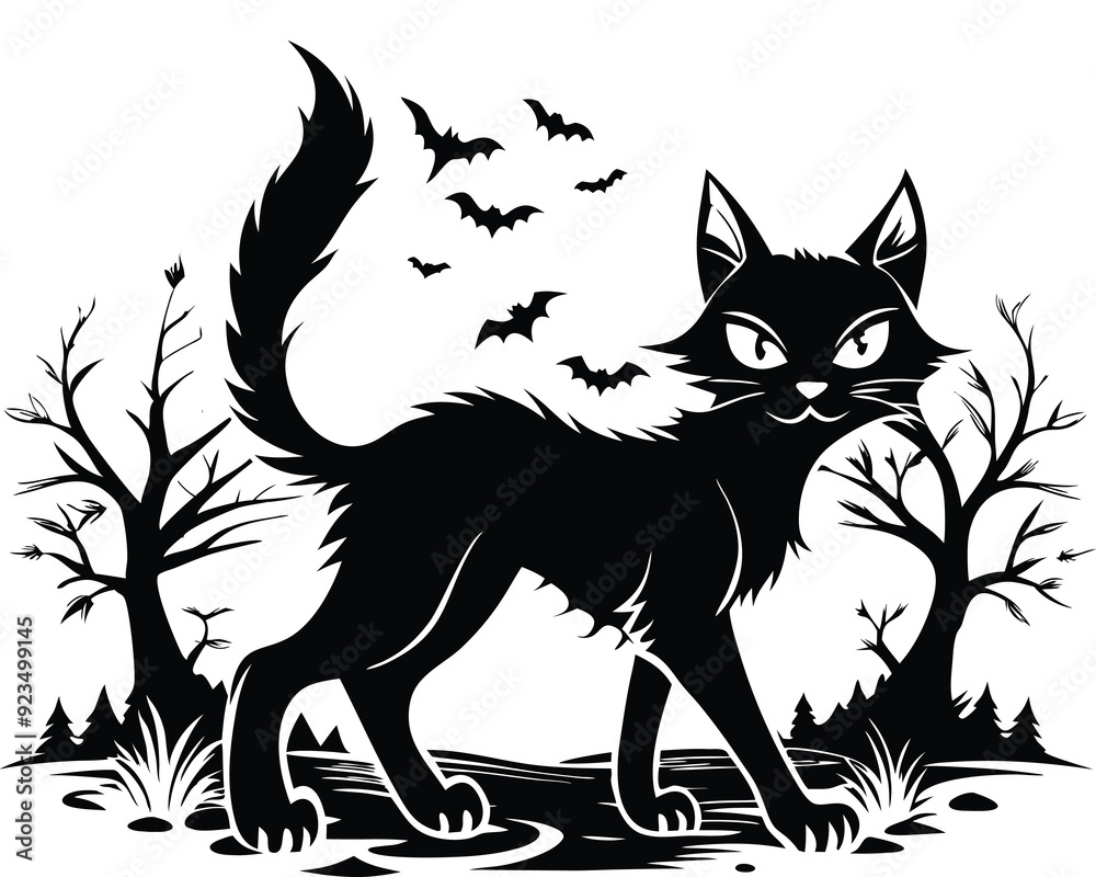 Obraz premium Halloween black cat silhouette design with white background