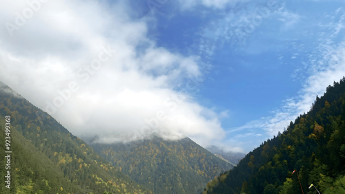 Caykara, Trabzon, Turkey 14 October 2021. Landscape of Mosque on the mountain of famous long lake at Uzungol, Trabzon. Best places to visit in Turkey. Mosque on the mountain lake Uzungol.