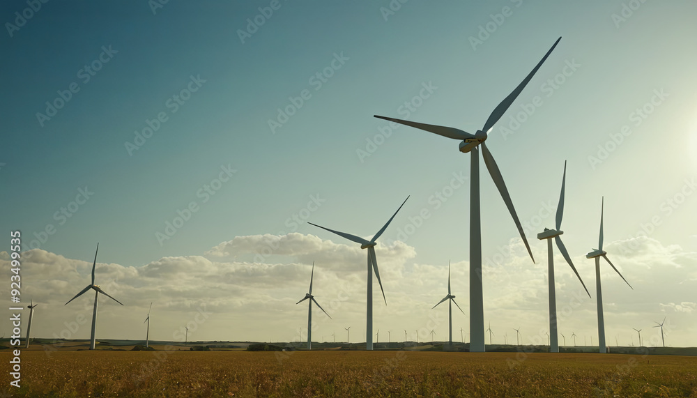Tall wind turbines spin gracefully in a golden field, harnessing wind energy under an expansive blue sky