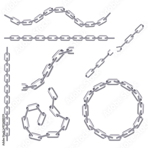 Set of silver chains. Metal. of different shapes. Vector illustration